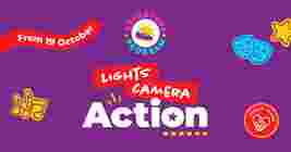 Purple background with text "Lights Camera Action" starting 19 October. Icons include musical notes, masks, a star, and a handshake.