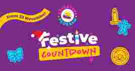 Purple banner with "Festive Countdown" text, holiday icons, and "From 23 November" announcement, featuring an adventure program logo.