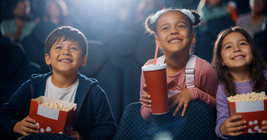 Three smiling children sitting in a theater, holding popcorn and a drink, excitedly watching a movie.