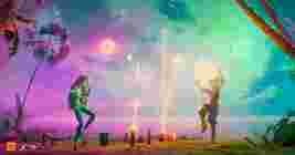 Two people celebrating with fireworks on a tropical beach at sunset, surrounded by palm trees, under a colorful sky of pink, purple, and green.
