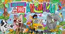 Cartoon jungle scene with animals, people in a jeep, and colorful lettering "Holiday HQ Animalia" amidst trees and butterflies.