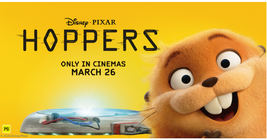 A cheerful rodent character smiles next to a futuristic gadget on a yellow background with text: "Disney Pixar Hoppers, Only in Cinemas March 26."