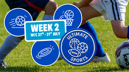 Kids playing soccer on grass. Overlaid icons of a basketball hoop, soccer ball, and frisbee. Text: "Week 2, W/C 27th-31st July, Ultimate Sports."