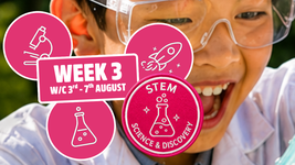 Close-up of a child excited about STEM week, August 3-7, with icons of a microscope, rocket, and test tube.