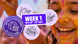 Smiling child with colorful powder on face, "Week 1, July 20-24," globe, camera, and food icons, "World Discovery & Culture" badge.