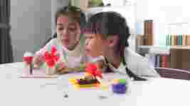 Kids playing with crafted windmills