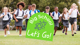 Kids running around in the background with school uniforms