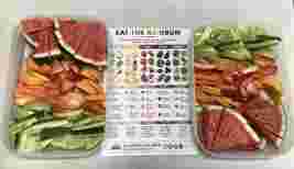 Assorted fruits and veggies with an "Eat the Rainbow" guide in the center, highlighting health benefits of colorful produce varieties.