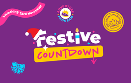 Purple banner with "Festive Countdown" text, launching 23rd November. Features festive icons and logos for "Adventure Program" and "Wellbeing Warriors."