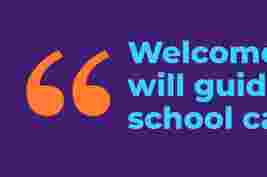 Orange quotation marks and partial blue text on a purple background, reading "Welcome... will guide... school ca..."