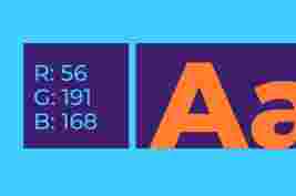 Text showing RGB values 56, 191, 168 in light blue on a dark blue background; adjacent is a large orange "Aa".
