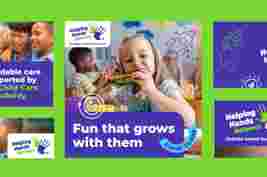 Children enjoying activities and food, text reads "Fun that grows with them" and "Helping Hands Network Outside School Hours Care."