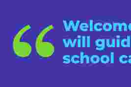 Large green quotation marks with partial blue text on a purple background saying "Welcome will guid school ca".
