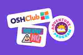 Colorful logos on a purple background for OSHClub, Holiday HQ, and Adventure Program featuring various icons and text.