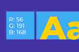Blue rectangle with text showing RGB values: R: 56, G: 191, B: 168. Yellow "A" on a blue background, all on a purple base.
