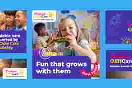 Children enjoying activities at Primary OSH Care, with a girl eating watermelon. Text highlights childcare support and enrollment options.
