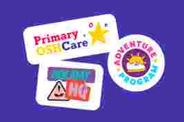 Colorful logos against a purple background, including "Primary OSHCare," "Holiday HQ," and "Adventure Program" with a sun and shoe icon.
