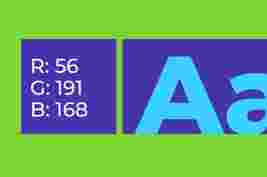 Text showing RGB values (R: 56, G: 191, B: 168) on a purple background next to a large light blue "Aa" on a green background.