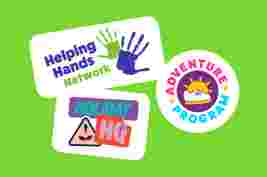 Three colorful logos on a green background: Helping Hands Network, Holiday HQ, and Adventure Program.