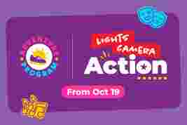 Purple banner with "Adventure Program" logo and text "Lights Camera Action" starting from Oct 19, with musical notes and theater masks.