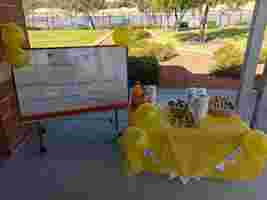 Outdoor table with a yellow tablecloth, drinks, snacks, and a sign reading "Happy R U OK? Day" decorated with yellow balloons.