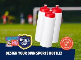Three blank sports bottles with red caps on a soccer field backdrop, featuring logos and the text "Design Your Own Sports Bottle!"