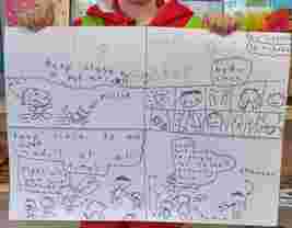 A child holds a safety poster with drawings of stick figures and text: "Keep close to a pet," "Body clues," "Stay close to a trusted adult," "Don't talk to strangers."