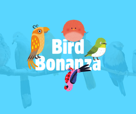 Colorful cartoon birds on a blue background with the text "Bird Bonanza" in bold white letters.