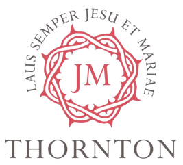 Red crest with "JM" inside, surrounded by a decorative border and the Latin text "Laus Semper Jesu et Mariae," above the word "Thornton."