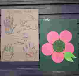 Two colorful posters about safety: one with handprints listing trusted adults, the other with a flower design listing five safe people.