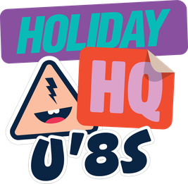 Colorful, playful design featuring a smiling triangle, the text "HOLIDAY HQ U'8s," and a curling corner on the "HQ" section.