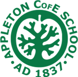 Logo of Appleton C of E Primary School. A green circle with a transparent apple shape cut out of the middle and a tree, similar looking to veins inside on the heart. 'Appleton CofE School AD 1837' written around the circular logo