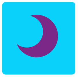 Purple crescent moon icon on a bright blue square background.