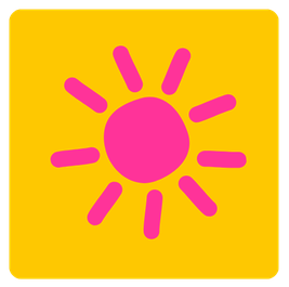 Pink sun icon with rays on a bright yellow background.