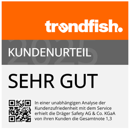 Orange and gray certificate with "trendfish" logo. Text reads "Kundenurteil: Sehr Gut" awarded to Dräger Safety AG & Co. KGaA. Includes a QR code.