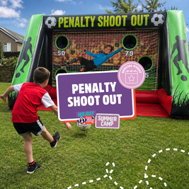 Child kicking a soccer ball towards an inflatable penalty shootout game with point targets. Text overlay reads: "Penalty Shoot Out."