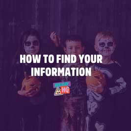 Three children in skeleton costumes holding pumpkins, with the text "How to Find Your Information" and a "Holiday HQ" logo overlaid.