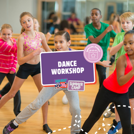 Children dancing in a studio during a "Dance Workshop" at a summer camp. A sign reads "Special Event."