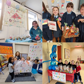 Children holding colorful decorations and signs for a "Lust for Life" fundraiser event, with balloons and gift bags displayed.