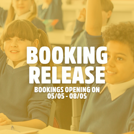 Children in a classroom smiling with hands raised. Text overlay reads, "Booking Release: Bookings opening on 05/05 - 08/05."
