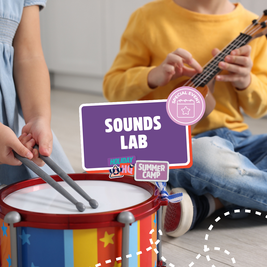Children playing with a drum and ukulele, wearing casual clothes. Text overlay reads "Sounds Lab," with holiday event labels.