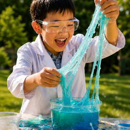 A child in safety goggles and a lab coat excitedly playing with blue slime outdoors.