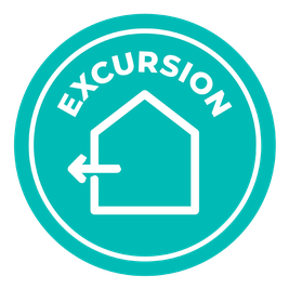 A teal circular logo with a house outline and an arrow pointing left. The word "EXCURSION" arcs across the top.