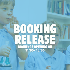 Children in blue shirts with text overlay: "Booking Release. Bookings opening on 11/05 - 15/05" in front of bookshelves.