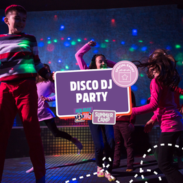 Kids dancing energetically at a "Disco DJ Party" during a summer camp, surrounded by colorful lights and cheerful atmosphere.