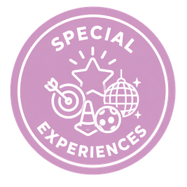 Purple badge with "Special Experiences" text and icons: star, target, disco ball, cone, and ball.