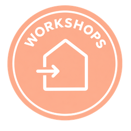 A peach-colored circle patch with the word "Workshops" and a white house outline with an arrow pointing inside.