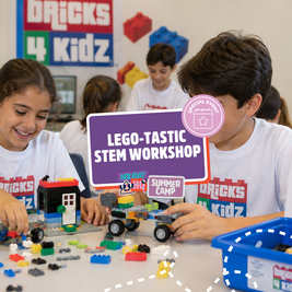 Children engaged in a LEGO STEM workshop, building colorful models with "Bricks 4 Kidz" signage in the background.