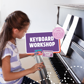 Young girl playing piano with "Keyboard Workshop" text overlay.