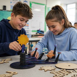 Two children in a classroom are assembling a colorful model of the solar system on a table, smiling as they work together.
